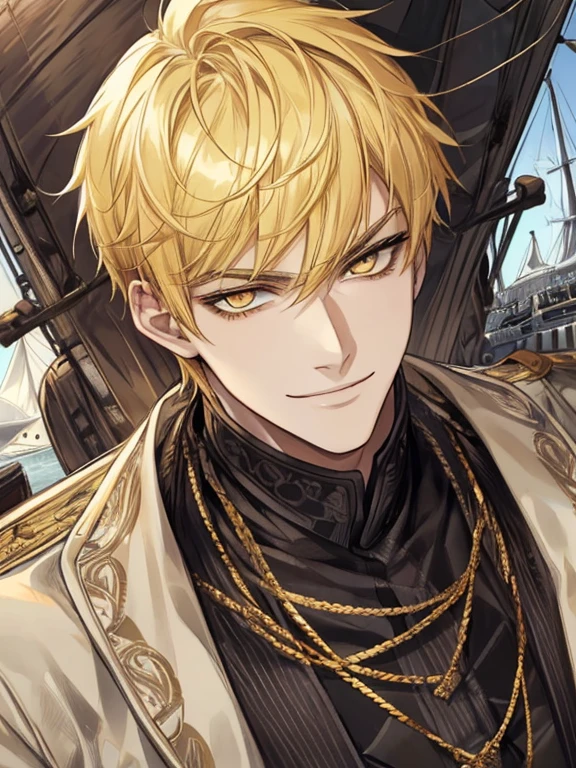 extremely detailed, 1 man, solo, perfect face, pretty face, highly detailed face,yellow short hair, yellow eyebrows、Handsome man with expressive eyes, smiling, yellow eyes、(((Large passenger ships)))、(muste piece), (best quality)、model pose