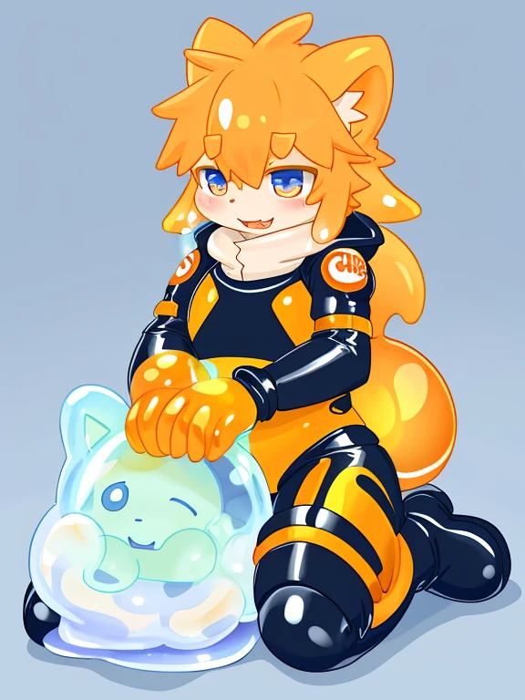 Cubs，被slime覆盖，slime，light orange cuollars，被slime覆盖，fall（（充满银色slime）），kneeling，protective suits