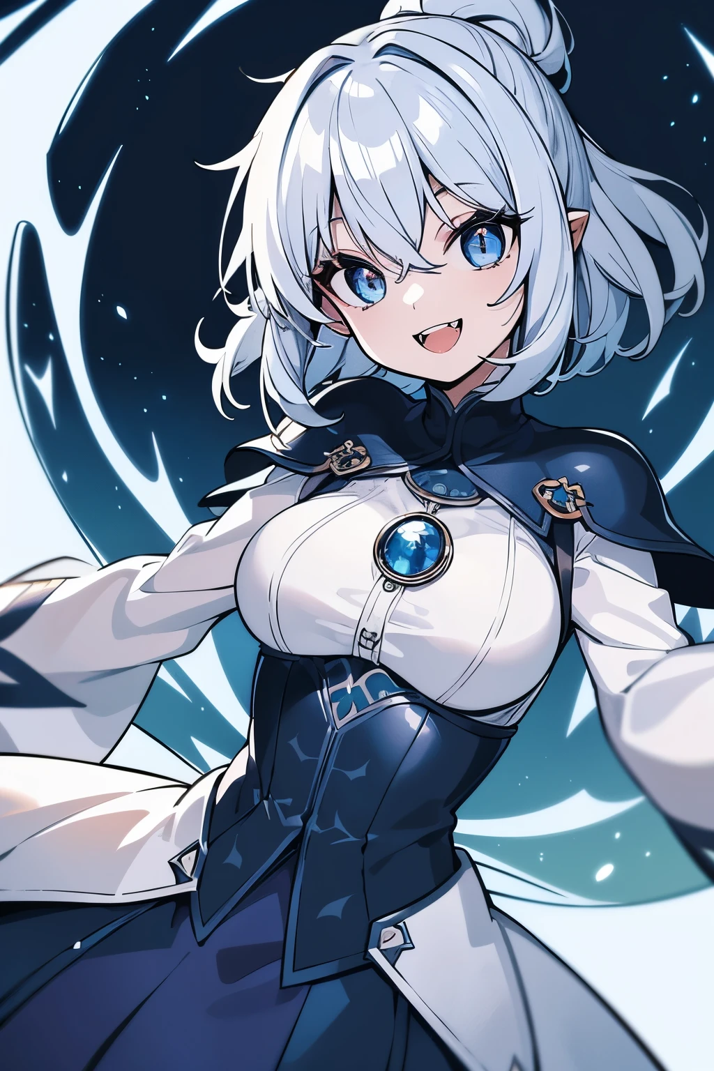 (best quality,4k,highres), gentle kind glowing blue dragon eyes,wide open eyes,very wide smile,kind smile,open mouth toothy smile,fangs,very short wavy white hair, very short wavy ponytail, (the sclera of her eyes is black),(focus on face), wearing a white cloak with blue accents over modest ornate dress, medium chest, surrounded by an aurora