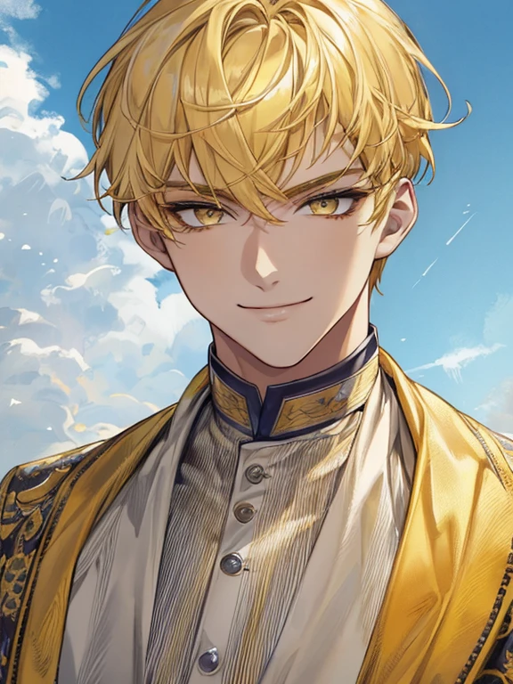 extremely detailed, 1 man, solo, perfect face, pretty face, highly detailed face，yellow short hair, yellow eyebrows、Handsome man with expressive eyes, smiling, yellow eyes、(((Sky)))、(muste piece), (best quality)、model pose、