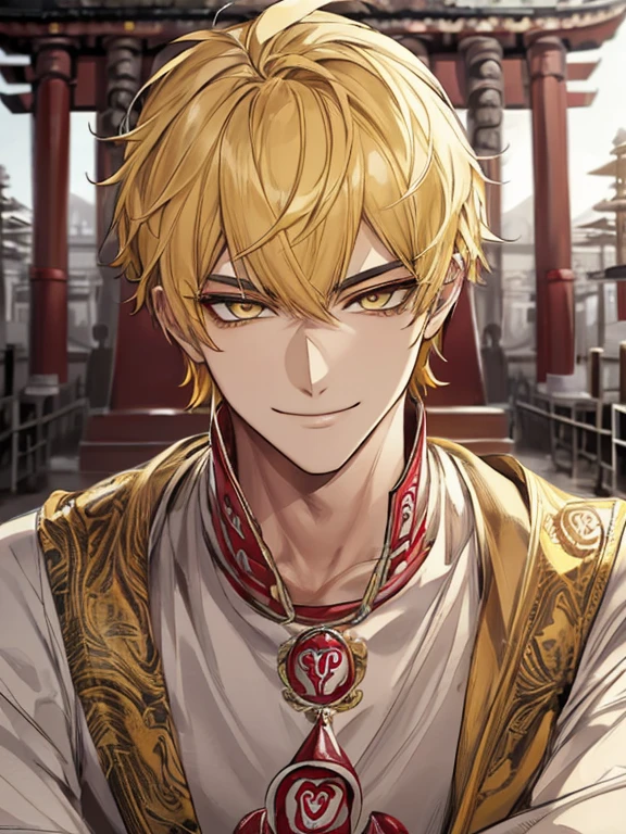 extremely detailed, 1 man, solo, perfect face, pretty face, highly detailed face，yellow short hair, yellow eyebrows、Handsome man with expressive eyes, smiling, yellow eyes、(((temple)))、(muste piece), (best quality)、model pose