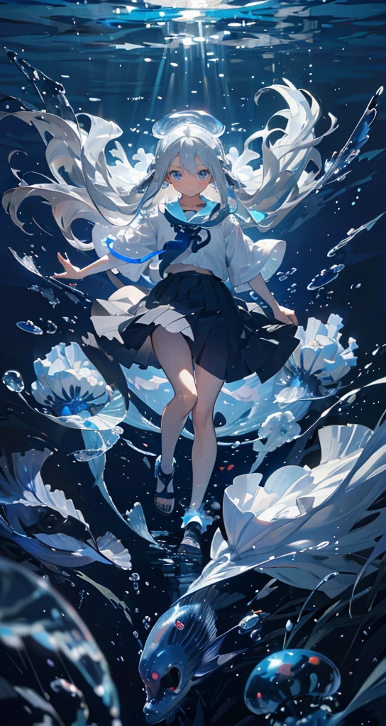 (muste piece), (highest quality), very detailed, 1 girl, solo full body shot, perfect face, anime beautiful girl, very detailed顔,(long gray hair:1.5),(blue eyes:1.4),(Floating hair:1.4),(in water:1.4),seabed,school of fish,Light,jellyfish,seaweed,Colorful fish,deep sea,fantasy
