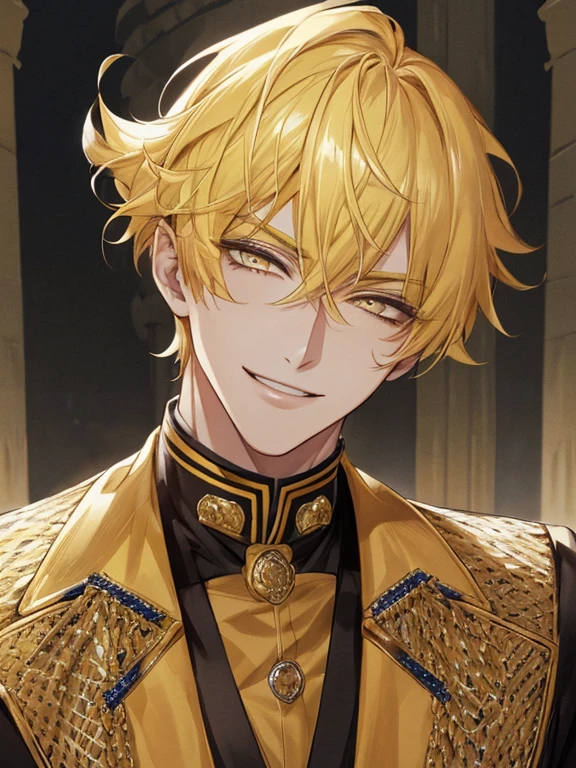 extremely detailed, 1 man, solo, perfect face, pretty face, highly detailed face,yellow short hair, yellow eyebrows、Handsome man with expressive eyes, smiling, yellow eyes、(((palace)))、(muste piece), (best quality)、model pose