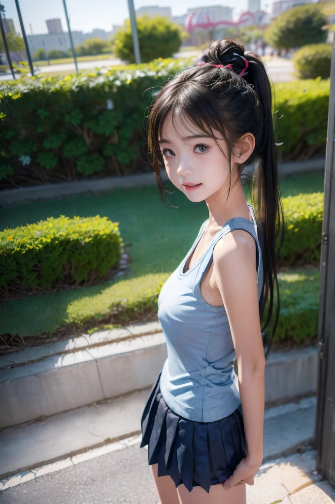 (((highest quality)), (1 girl),Go to the amusement park (perfect anatomy),blushing, embarrassed expression, pretty girl, (Untidy hair、ponytail), face to face,Tank top、pleated skirt、nipple protrusion