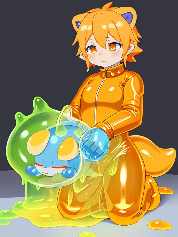Cubs,被slime覆盖,slime,light orange cuollars,被slime覆盖,fall((充满银色slime)),kneeling,protective suits