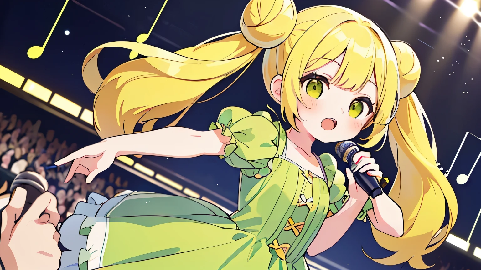 disorganized, High resolution, (anime style etc.:1.1), ((muste piece)), ((best quality)), (Super detailed), (Beautiful),pretty face、(lift up),pretty girl、(((twin tails、bun hair、yellow hair、)))(((((singing)))))((microphone、)(((((1 girl)))))(Green dress)