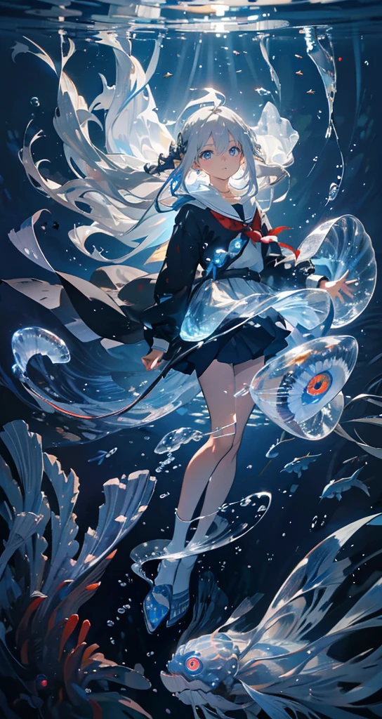 (muste piece), (highest quality), very detailed, 1 girl, solo full body shot, perfect face, anime beautiful girl, very detailed顔,(long gray hair:1.5),(blue eyes:1.4),(Floating hair:1.4),(in water:1.4),seabed,school of fish,Light,jellyfish,seaweed,Red fish,Yellow fish,deep sea,fantasy