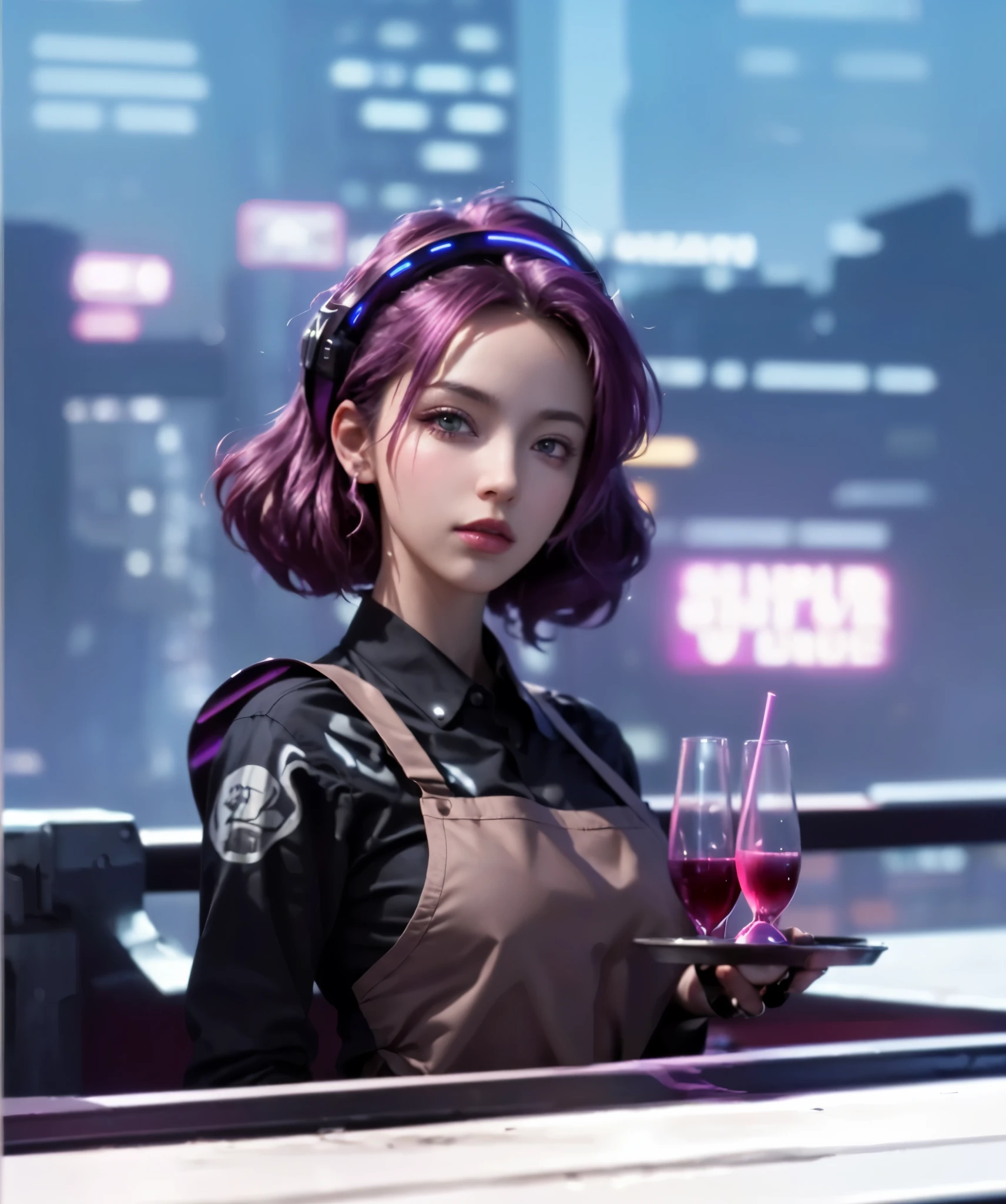Purple haired woman, bartender, ((beautiful eyes)), holding a wine glass, ((white apron)), black shirt, bartender standing in front of the bar, beautiful face, holding another A cup tray with wine, ((cyberpunk seaside city, huge buildings, neon lights))), dark clouds, ((synthwave background theme, detailed background: 1.25)), (((night, beautiful light decoration, detailed architecture )) )), (Best Quality, High Resolution, Sharp Focus, Super Detailed, Extremely Detailed, Extremely High Quality Artwork, (Realistic, Photorealistic: 1.37), 8k_wallpaper, (Extremely Detailed CG 8k), ( Very detailed 8K CG), (super super super detailed perfect work))), flawless, (((masterpiece))), illustration, vibrant colors, (complex), high contrast, selective lighting, double exposure, HDR (High Dynamic Range), Post-Processing, Background Blur, Color, (Complex), High Contrast, Selective Lighting, Double Exposure, HDR (High Dynamic Range), Post-Processing, Background Blur,