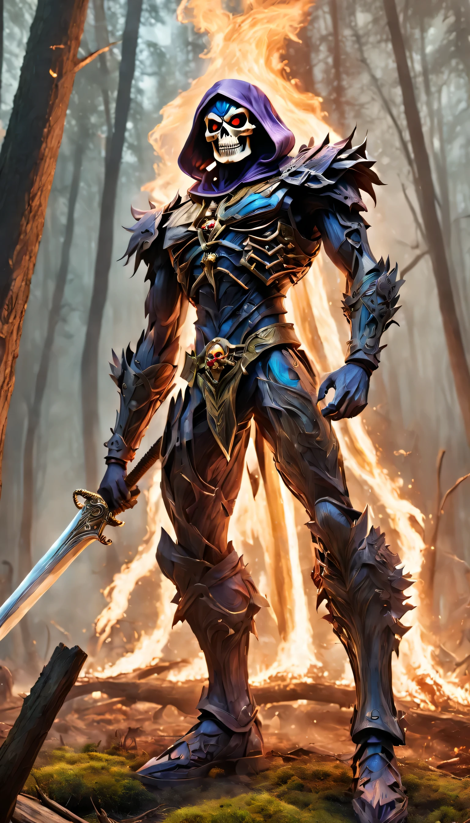 Fantastical artwork of Skeletor who is entirely made of wood and plants in a forest weilding his huge sword that is also made of wood as the forest behind him catches fire and there are plenty of skulls on the ground, artistic, aesthetic
