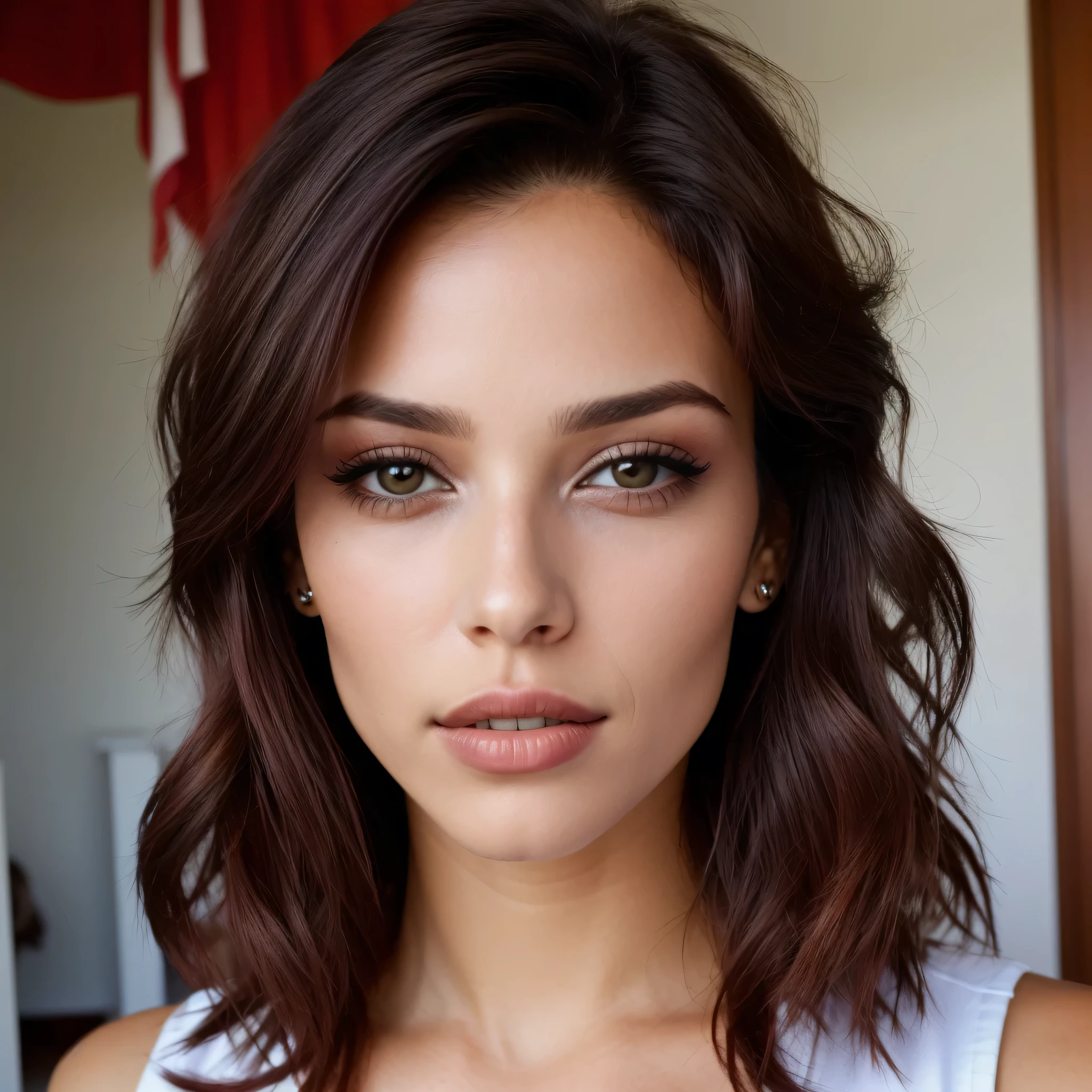 Una deslumbrante mujer cubano. Labios rojos, cabello oscuro y fluido.