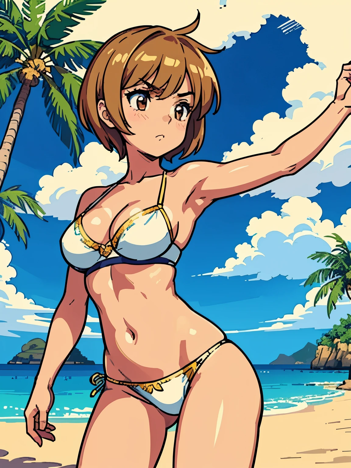 masterpiece, best quality, ultra detailed, 1girl, solo, pixel, pixel art style, pouting, tomboy, ultra detailed face, rim lighting, (contrapposto;1.4), dutch angle, light brown pixie cut hair, (medium breasts:1.5), under breasts, wearing white bikini with gold embroidery, palm trees, tropical beach at night with a view of the galaxy, wind is blowing hard