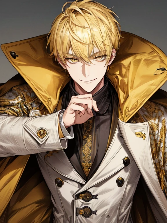 extremely detailed, 1 man, solo, perfect face, pretty face, highly detailed face，yellow short hair, yellow eyebrows、Handsome man with expressive eyes, smiling, yellow eyes、(((long coat)))、(muste piece), (best quality)、model pose、Upper body