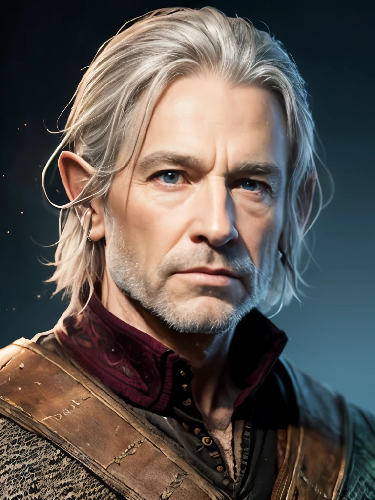 create a random piece of digital art well suitable for a profile picture - ageless male traveller, (style from lord of the rings:1.2) natural ears, Blue eyes, (short trimmed beard), dark blonde/silverfox hair, looks very kind