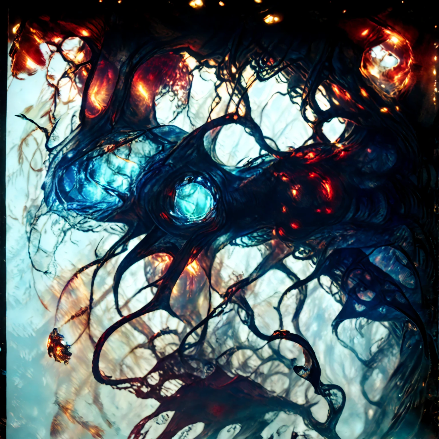 Unhinged jaws drippping ichor | Bright lighting | Lewd exposed Pixar horror film. | crimson Blood.  | emerald Ichor.  | indigo Tentacles. | platinum Puzzle box Lament configuration.  | rusty Hooks.  | infected Piercings. | pus and bones | torn and tattered | broken and forlorn | full frontal  | Medusa vibes tiny strip of cloth
