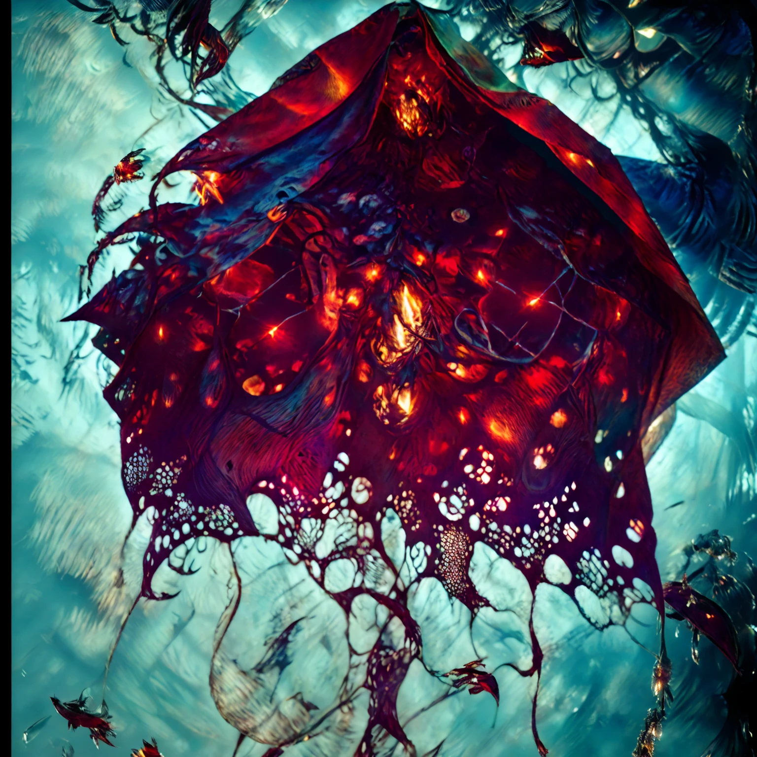 Unhinged jaws drippping ichor | Bright lighting | Lewd exposed Pixar horror film. | crimson Blood. | emerald Ichor. | indigo Tentacles. | platinum Puzzle box Lament configuration. | rusty Hooks. | infected Piercings. | pus and bones | torn and tattered | broken and forlorn | full frontal | Medusa vibes tiny strip of cloth