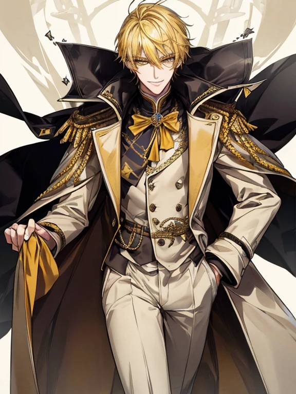 extremely detailed, 1 man, solo, perfect face, pretty face, highly detailed face,yellow short hair, yellow eyebrows、Handsome man with expressive eyes, smiling, yellow eyes、(((long coat)))、(muste piece), (best quality)、model pose、lower body、long legs