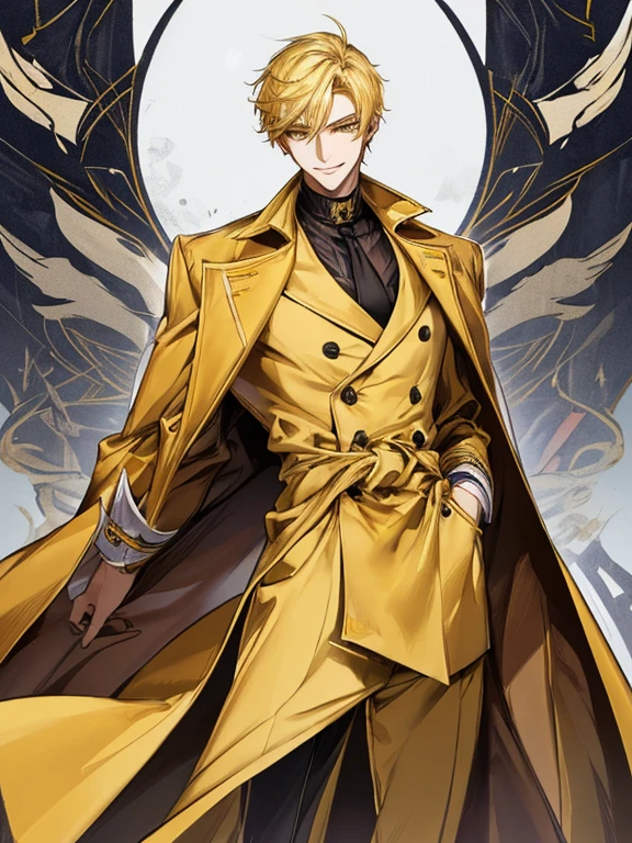 extremely detailed, 1 man, solo, perfect face, pretty face, highly detailed face，yellow short hair, yellow eyebrows、Handsome man with expressive eyes, smiling, yellow eyes、(((long coat)))、(muste piece), (best quality)、model pose、lower body、long legs