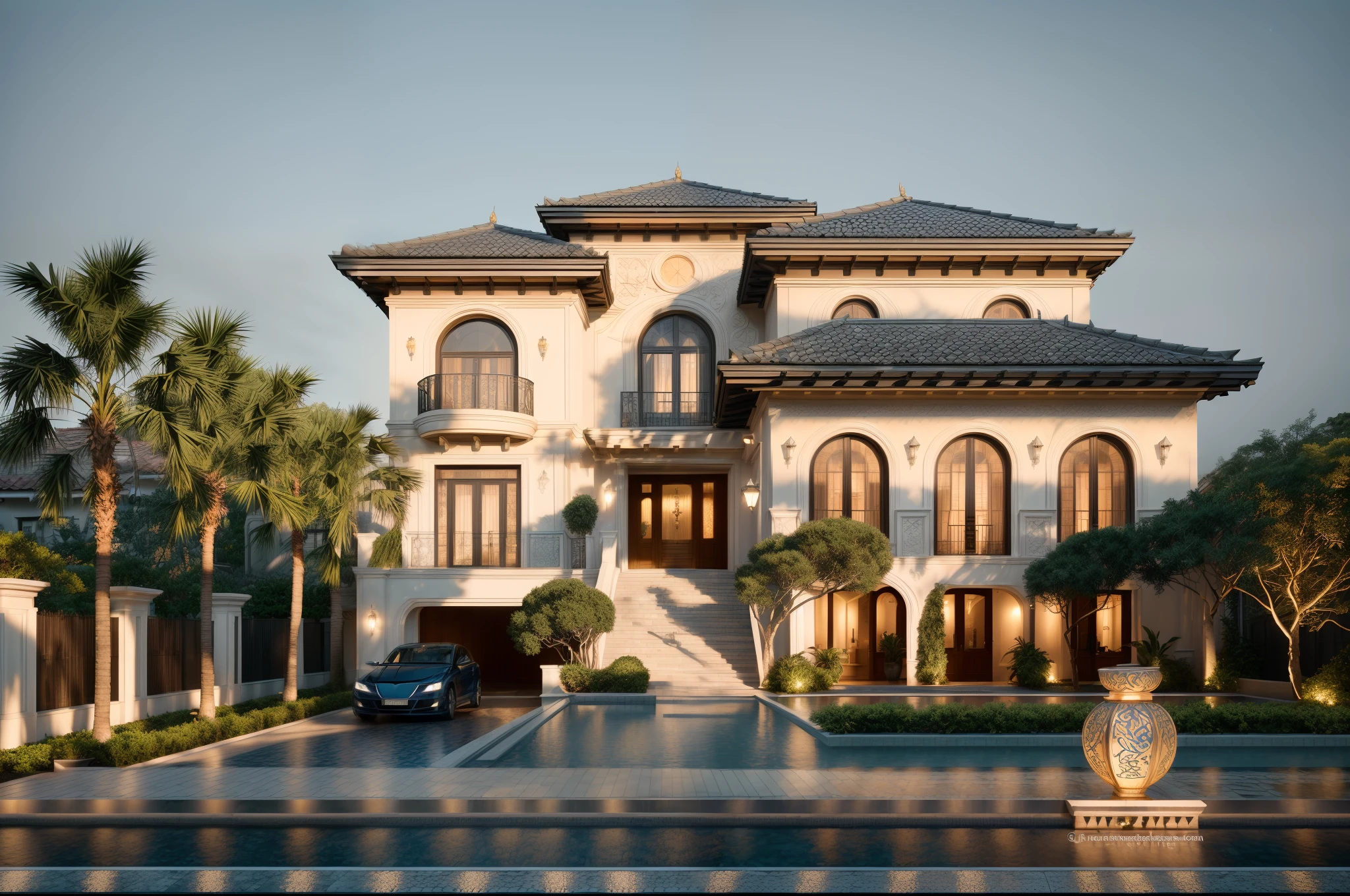 When design a MEDITERRANEAN EXTERIOR house, exterior design, (dark blue roof:1.1), (roof tile:1.2), (indochine style:1.1), ((Iron with artistic patterns detail:1.3) designed to make railings, windows),(xingfa door), (curved arch:1.35), (white wall), (nigh light:1.2), (night view:1.2),designed to make gates, railings, windows), The house bathed in natural nightlight and has warm LED lighting. Super sharp like photos taken with a professional camera, color block wall detail, (|color block materials| in neoclassic house), white color block neoclassic house (((volumetric light))), (outdoor ceiling spotlight:1.2), (Exterior night reverse lights:1.2), (|neoclassical cornice|), The focal point of the room the warm LED light with a color temperature of 3600k, |reverse lights| illuminate the columns around the house, night, 8k uhd, dslr, soft lighting, high quality, film grain, Fujifilm XT3 day, 8k uhd, dslr, soft lighting, high quality, film grain, Fujifilm XT3, The ambient lighting highlights the textures and details, creating a stock photo-like atmosphere, (((Best Quality))), ((Masterpiece)), ((best illustration)), ((best shadows)), ((Super Detail)), (Intricate lines), (Photorealism),(hyper detail), ((archdaily)), ((award winning design)), (dynamic light), ((day)), (perfect light), (shimering light), (hidden light), ((photorealistic)), ((FKAA, TXAA, RTX, SSAO)), ((Post Processing)), ((Post-Production)), ((CGI, VFX, SFX)), ((Full color)) ,((Unreal Engine 5)), ((intricate detail)), ((extreme detail)), ((science)), ((hyper-detail)), ((super detail)), ((super realistic)), ((crazy detail)), ((octane render)), ((Cinematic)), ((trending on artstation)), ((High-fidelity)), ((Viwvid)), ((Crisp)), ((Bright)), ((Stunning)), ((Eye-catching)), ((High-quality)),((Sharp))((Bright)), ((Stunning)), Natural, ((Eye-catching)), ((Illuminating)), ((Flawless)), ((High-quality)),((Sharp edge render)), ((medium soft lighting)), ((photographic render)), ((detailed archviz))