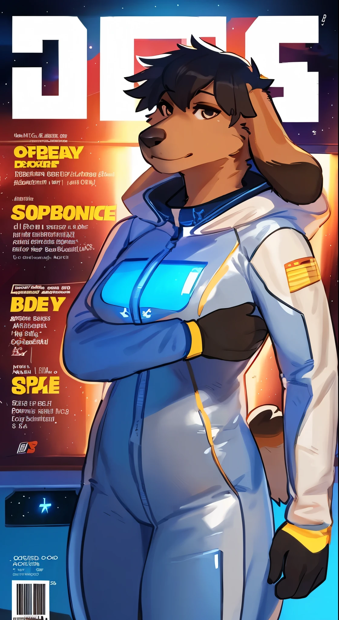 By bebebebebe, by lostgoose, by goonie-san, female, solo, canine, ((snout, hair)), floppy ears, tight grey spacesuit, standing, spaceship, space, window, ((magazine cover))