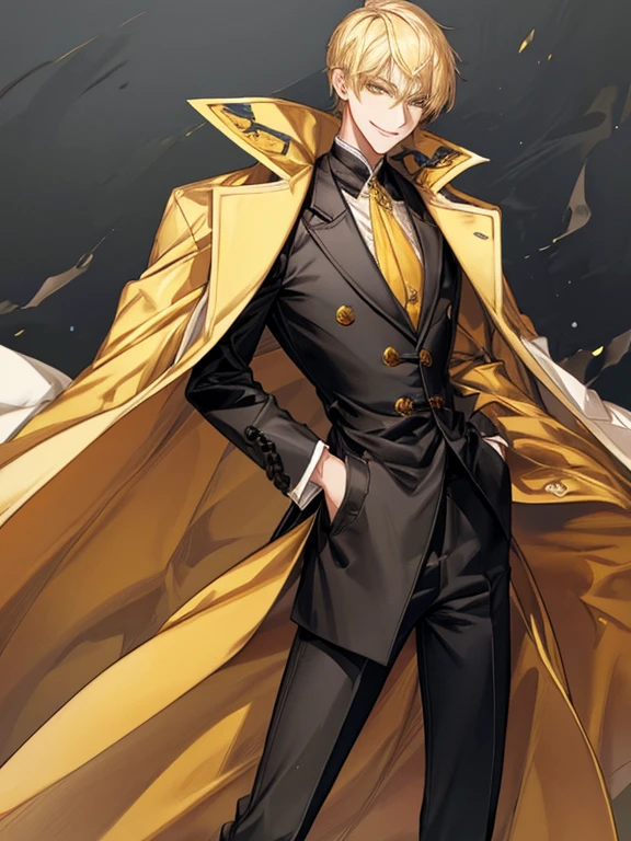extremely detailed, 1 man, solo, perfect face, pretty face, highly detailed face,yellow short hair, yellow eyebrows、Handsome man with expressive eyes, smiling, yellow eyes、(((long coat)))、(muste piece), (best quality)、model pose、lower body、long legs、Huangze Ryota