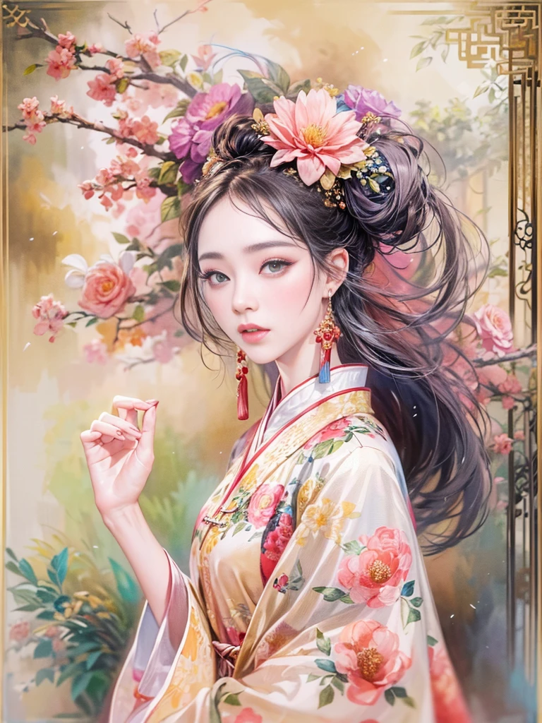 An imaginative and vivid depiction of the female figure,Think of it as your dream lover and life-long partner,Integrating the softness of traditional Chinese women with the role of modern Chinese housewives。This artistic expression highlights her nurturing and caring nature,It also shows her elegance and elegance。She is depicted with delicate features and warmth、seductiveexpression。Her outfit is a stylish fusion of tradition and modernity,reflects the duality of her character。she is depicted in a comfortable、in a modern environment,embodies a loving、The Essence of a Dedicated Companion and Homemaker。The background contains comfortable living space elements,Symbolizes stability and warmth。The overall style combines realism with fantasy,Capturing a dreamy contemporary aesthetic。 (floral watercolor painting:1.5),(Super high saturation, bright and vivid colors:1.3), (Look at the audience head-on:1.5)