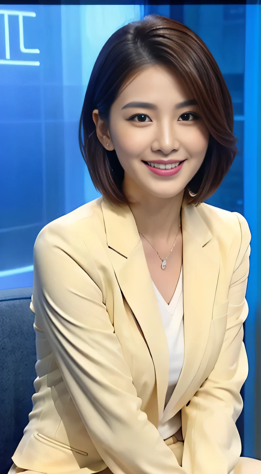 Highest image quality、ultra high resolution、1 girl、pretty face、friendly smile、Short hair details、The announcer wears a tight long-sleeved suit、Online customer service、Sit in the studio, Charmaine She