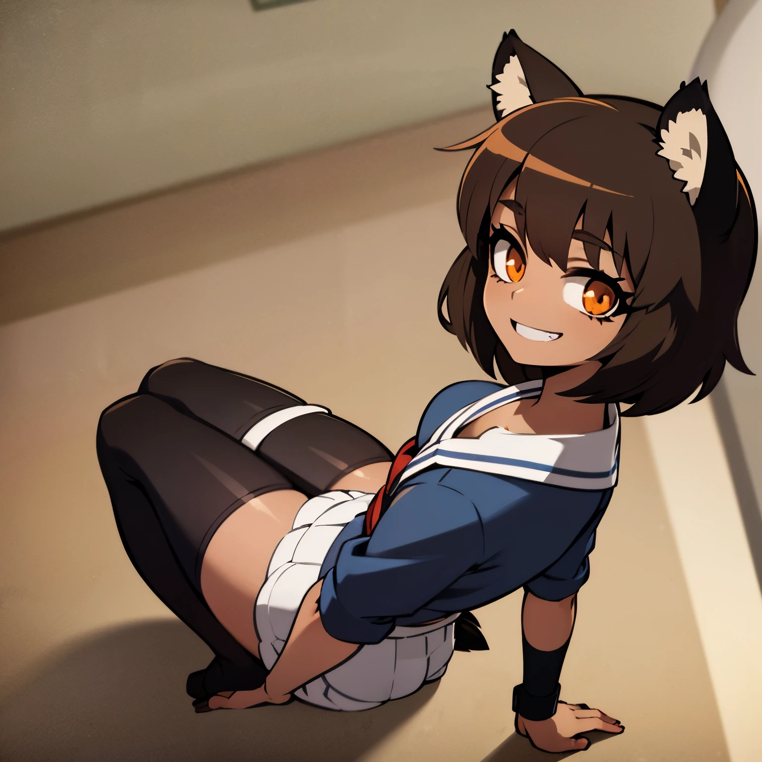 Anime image of a girl with short brown hair, very tanned and brown skin, she has raccoon ears and a tail, she wears a very tight schoolgirl uniform, she is in a classroom and she is smiling sadistically.