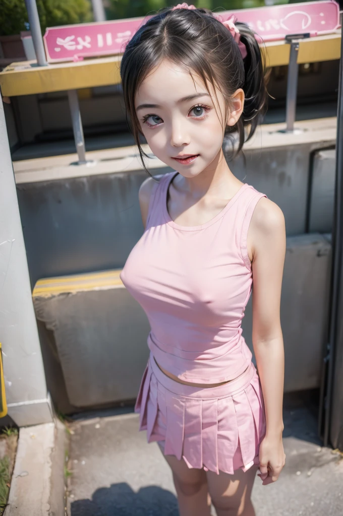 (((highest quality)), (1 girl),Go to the amusement park (perfect anatomy),embarrassed expression, pretty girl, (Untidy hair、ponytail), face to face,Tank top、light pink pleated skirt、nipple protrusion