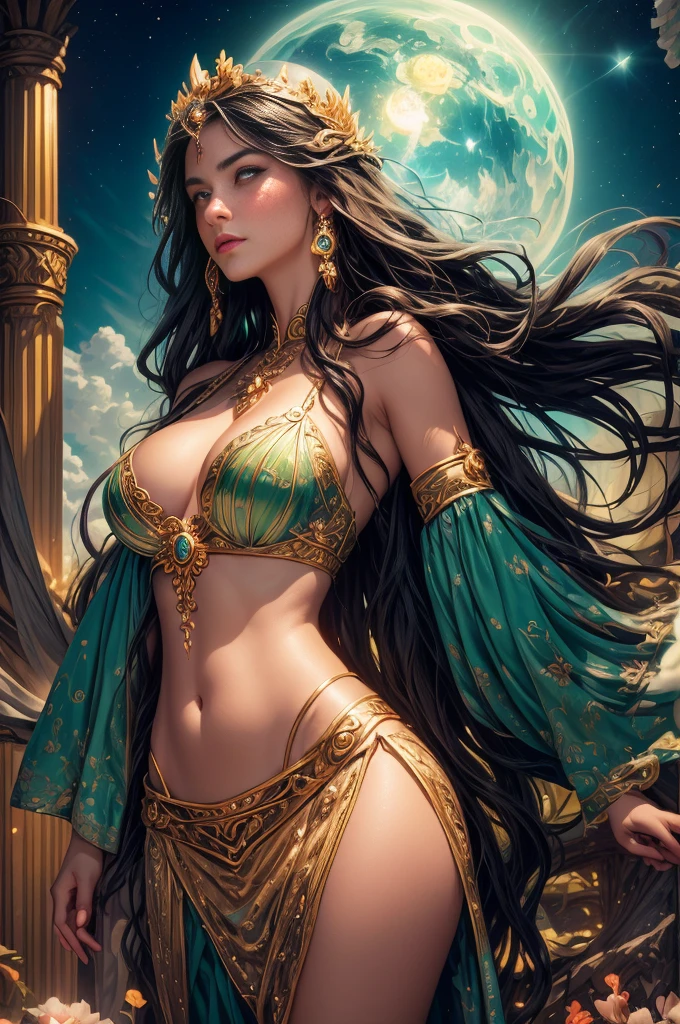 um retrato de(( uma mulher cigana )) cabelos longos negros e cacheados enfeitados com rosas, a mais bela das mulheres, olhos verdes sedutores, in high definition, em 8K, de 18 anos, Deusa do Mar, Deusa do Oceano, Luthien, arte de deusa, Deusa da mitologia grega, Deusa da Lua, Deusa do amor e da paz, deusa bonito, Mitologia da Deusa da Terra, The Mother Goddess, Um retrato impressionante de uma deusa, Frank Kelly Freas, Estilo Karol Bak, ((beautiful face)), Ultra Definition, melhor qualidade, 32k ultra , Ultra HD