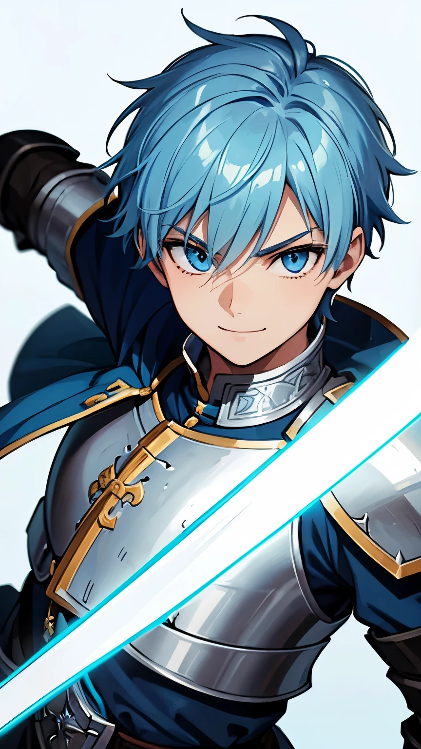 "(best quality,highres),teenage boy,short light blue hair,light blue eyes,smiling,medieval male clothing,fighting pose,white background,detailed armor,shiny sword,heroic expression,vivid colors"