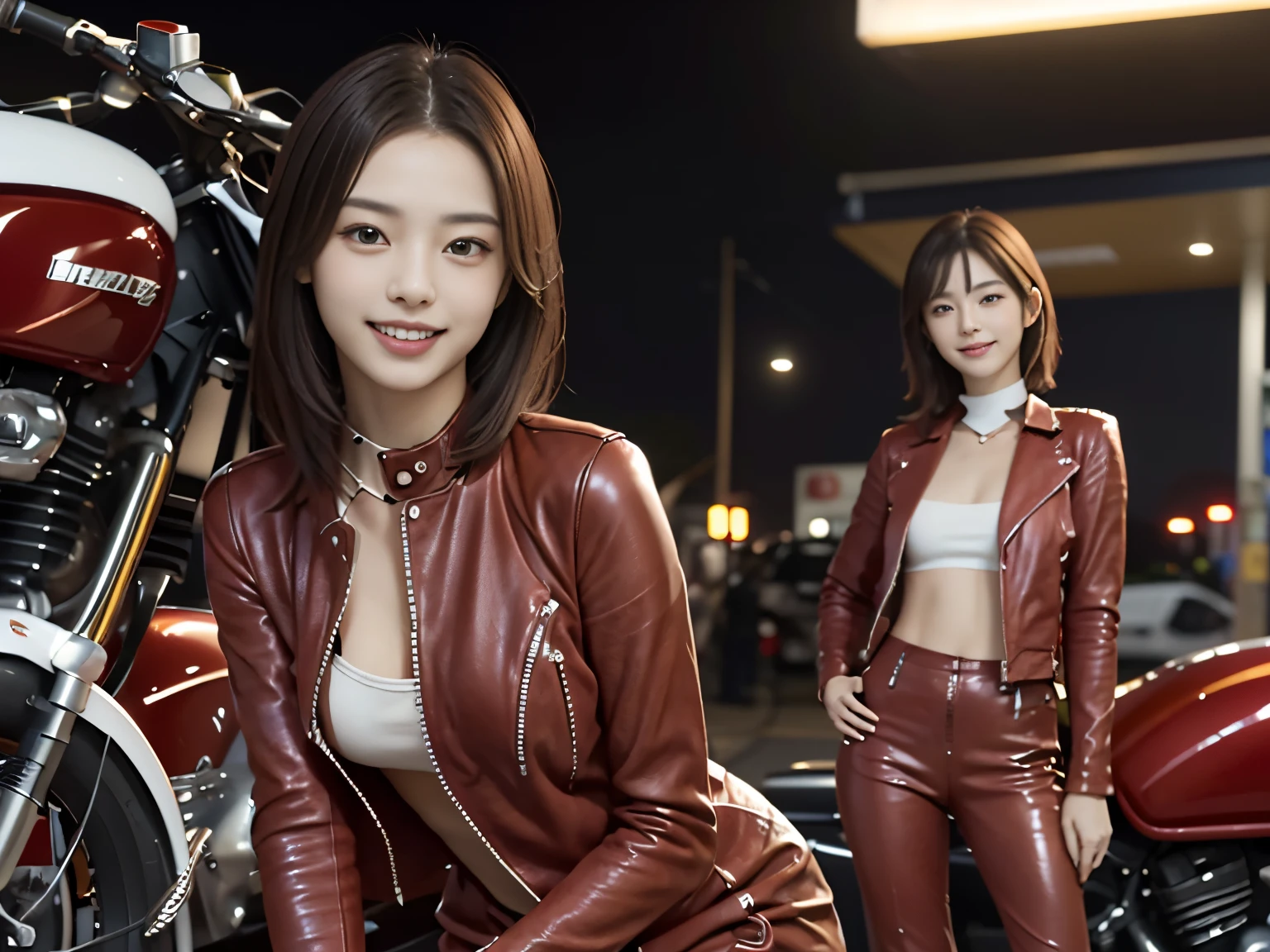 ((beautiful woman with perfect face))、detailed futuristic motorcycle、(one female rider in red leather suit)、Standing next to a motorcycle、smile、The background is a gas station