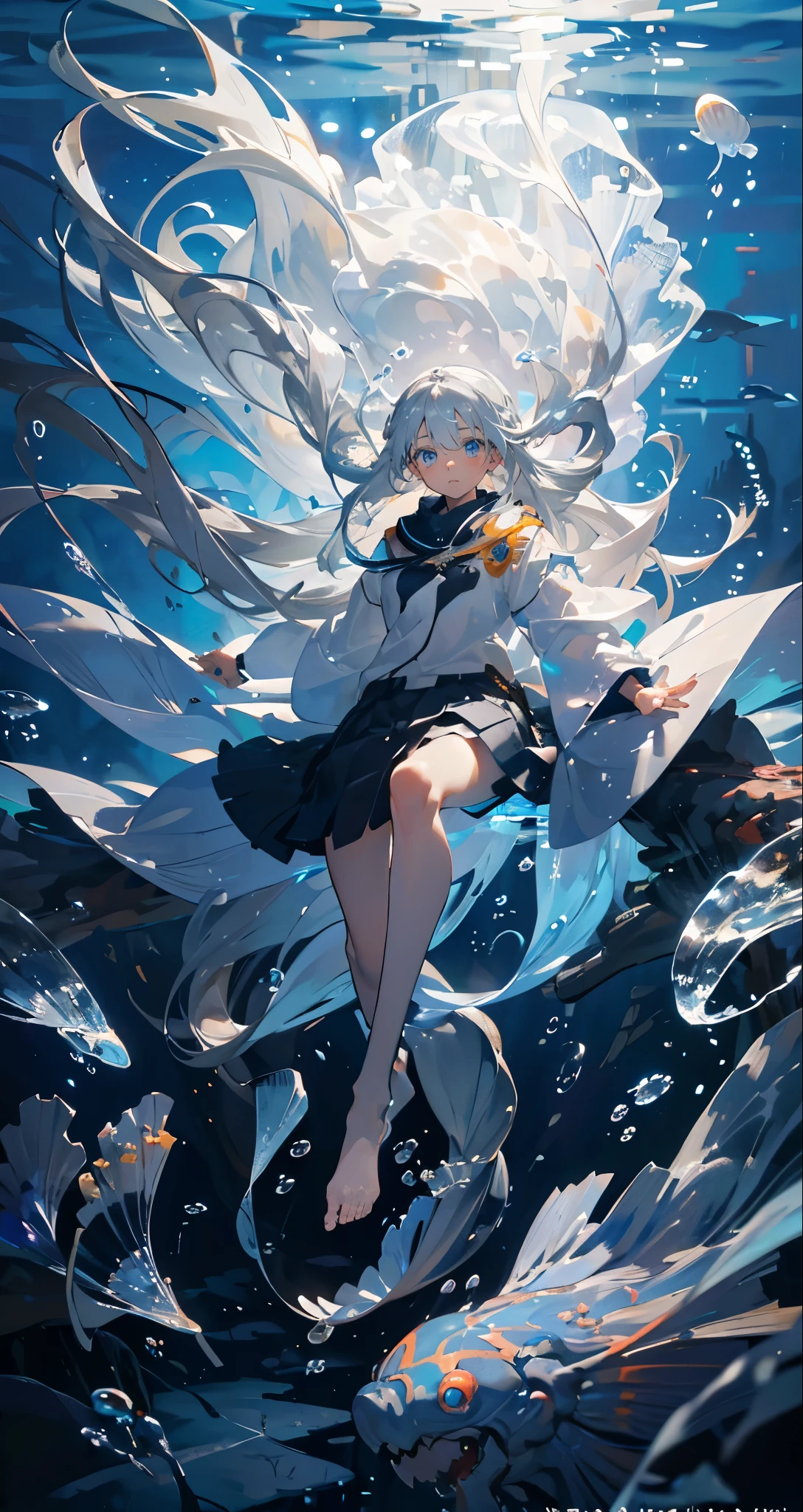 (muste piece), (highest quality), very detailed, 1 girl, solo full body shot, perfect face, beautiful girl, very detailed顔,(long gray hair:1.5),(blue eyes:1.4),(Floating hair:1.4),(in water:1.4),seabed,school of fish,Light,jellyfish,seaweed,Red fish,Yellow fish,deep sea,fantasy