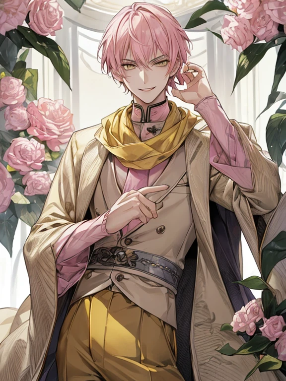 extremely detailed, 1 man, solo, perfect face, pretty face, highly detailed face,yellow short hair, yellow eyebrows、Handsome man with expressive eyes, smiling, yellow eyes、(((Pink muffler)))、(muste piece), (best quality)、model pose、lower body、long legs、Huangze Ryota