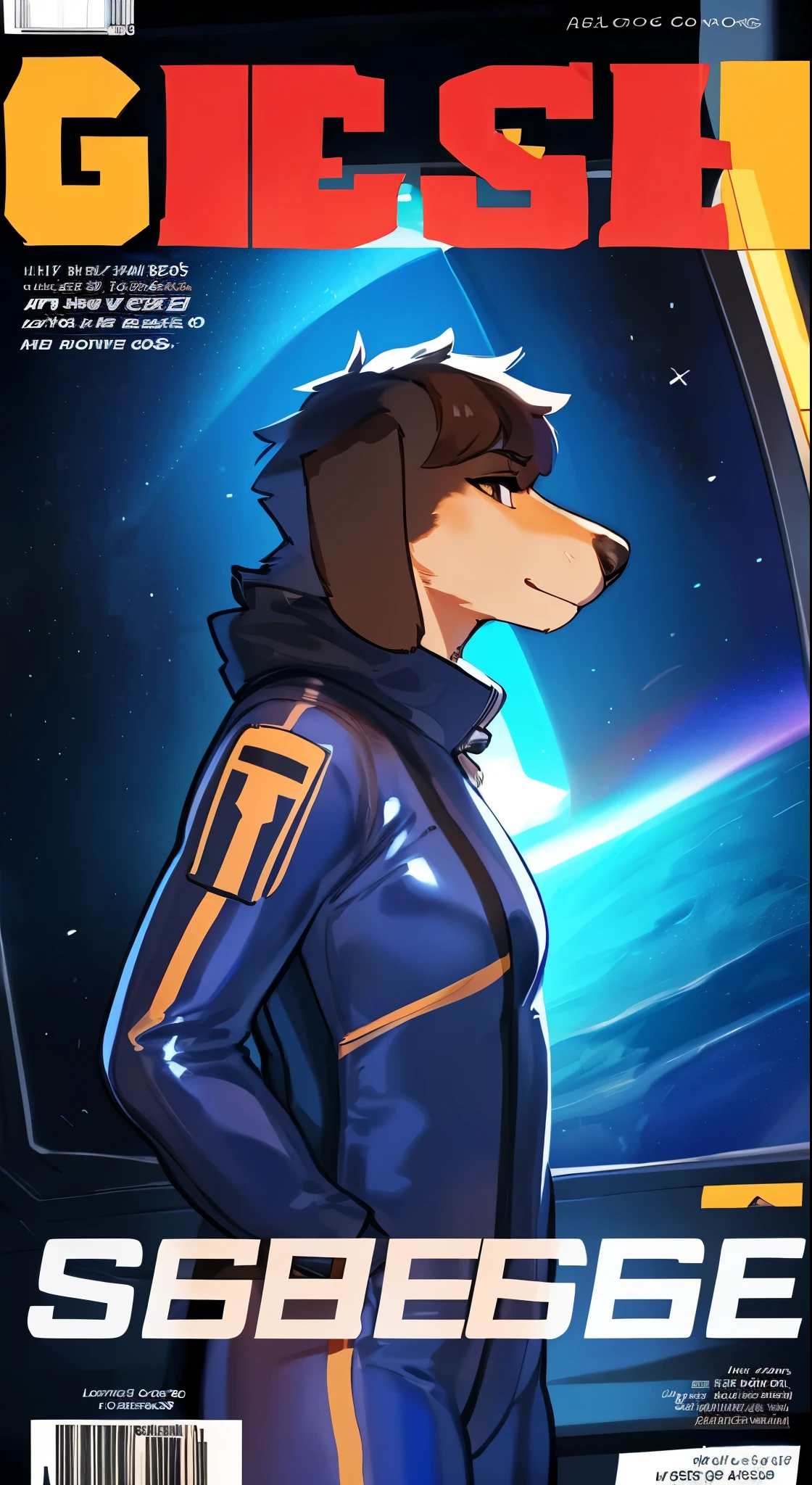 By bebebebebe, by lostgoose, by goonie-san, female, solo, canine, ((snout, hair)), floppy ears, tight grey spacesuit, standing, spaceship, space, window, ((magazine cover))