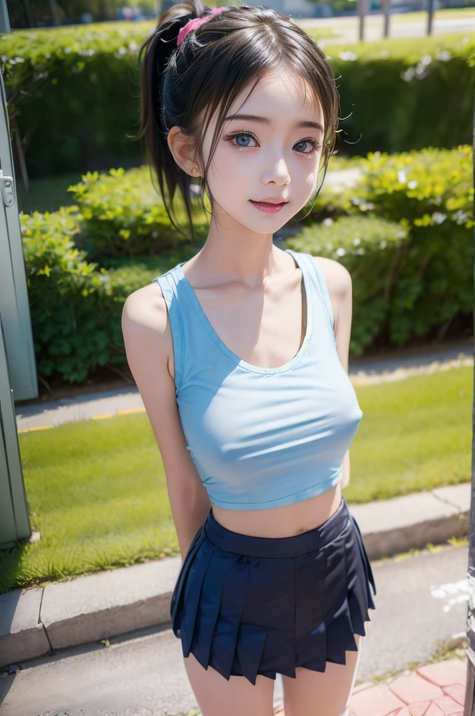 (((highest quality)), (1 girl),Go to the amusement park (perfect anatomy),embarrassed expression, pretty girl, (Untidy hair、ponytail), face to face,Tank top、pleated skirt、nipple protrusion