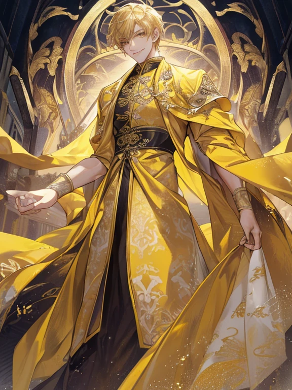 extremely detailed, 1 man, solo, perfect face, pretty face, highly detailed face，yellow short hair, yellow eyebrows、Handsome man with expressive eyes, smiling, yellow eyes、(((long gown)))、(muste piece), (best quality)、model pose、lower body、long legs、Huangze Ryota