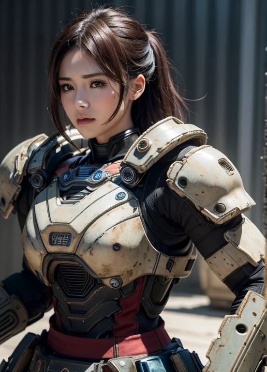textured skin, Super details, high detail, high quality, best quality, high resolution, 1080P, harddisk, beautiful,(Gears of War),beautiful女人,mecha girl,Versus mode,Mecha girl,她穿着未来Gears of War武器机甲