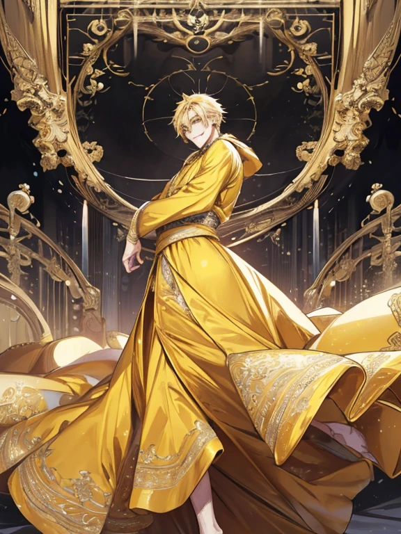 extremely detailed, 1 man, solo, perfect face, pretty face, highly detailed face,yellow short hair, yellow eyebrows、Handsome man with expressive eyes, smiling, yellow eyes、(((long gown)))、(muste piece), (best quality)、model pose、lower body、long legs、