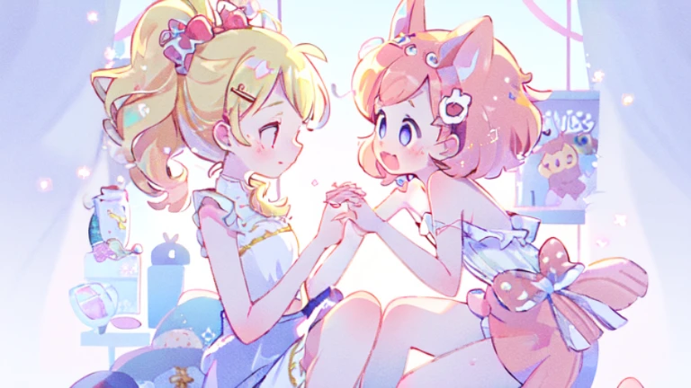 Pale pink pupils，Pink suspenders，Transparent white tube top skirt，barefoot，lace,ribbon，Strapless，masterpiece, (2girls:1.3)，kawaiitech,(from side:1.1)，(holding hands:1.1)，Whole body，white stockings on her legs，pastel colors，Soft contrast，fair skin，The skin is delicate and shiny，