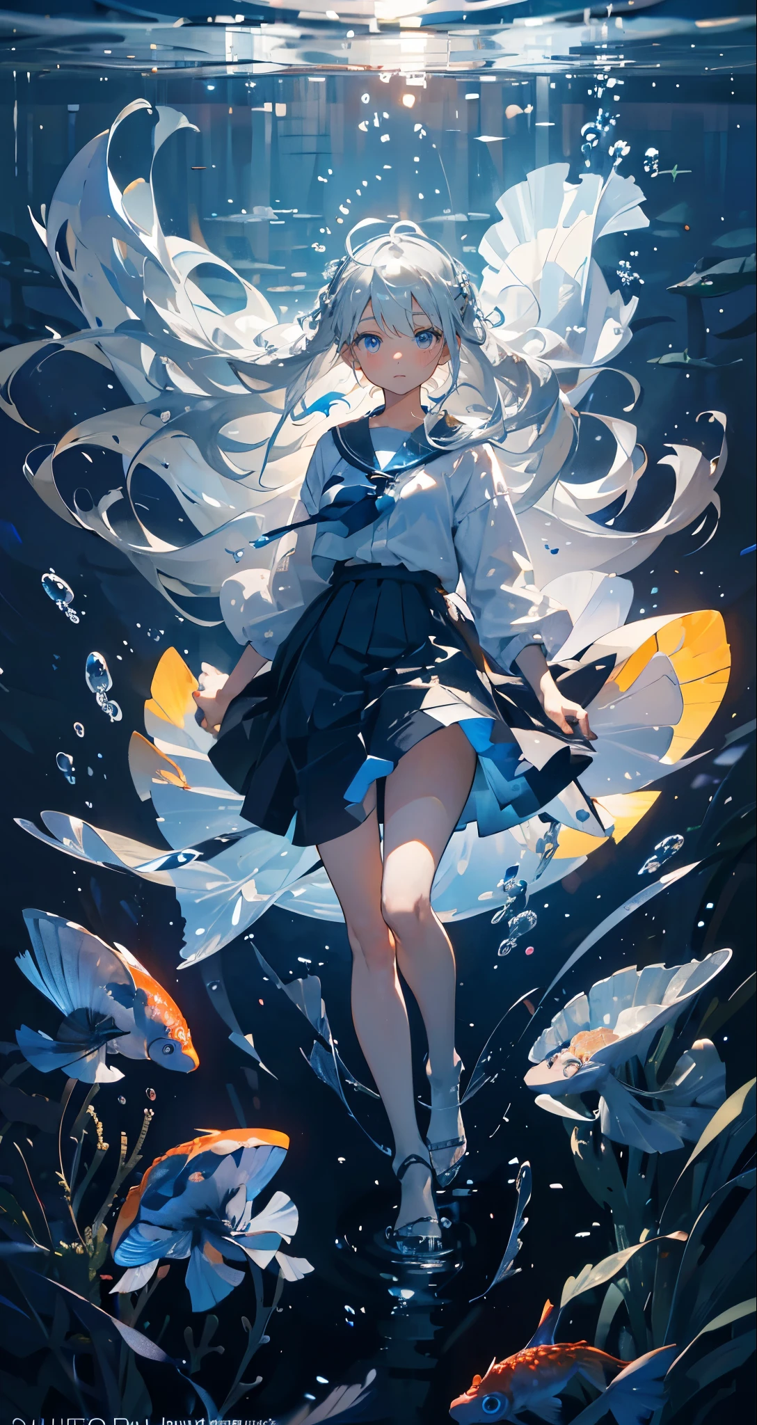 (masterpiece:1.3),(Highest quality:1.2),8K,Confused,ユニティ 8K 壁紙,(Very detailed:1.3),the best,High resolution,wonderful,shape,Beautiful studio soft light,Stunningly beautiful,incredibly Confused,Crisp details,Cinema Lighting,Moody lighting,Pixiv,Award-winning, Professional, Very detailed,Face in perfect detail,、 transportation facilities_Against_window, 1 Girl, alone, Colorful long blonde hair, skirt, Long sleeve, Sitting, , Gray Hair, pleated skirt, shoes, Seraph, fish, bubble, Blue Theme, (Underwater:1.2), (air bubble:1.3), Inside the train, (Surreal:1.2), (jellyfish:1.2), (whale:1.1),(fish:1.2),