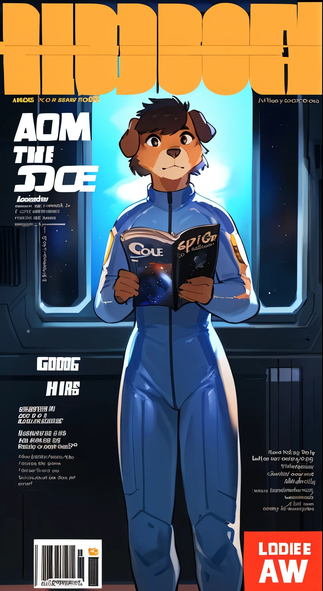By bebebebebe, by lostgoose, by goonie-san, female, solo, canine, ((snout, hair)), floppy ears, tight grey spacesuit, standing, spaceship, space, window, ((magazine cover))