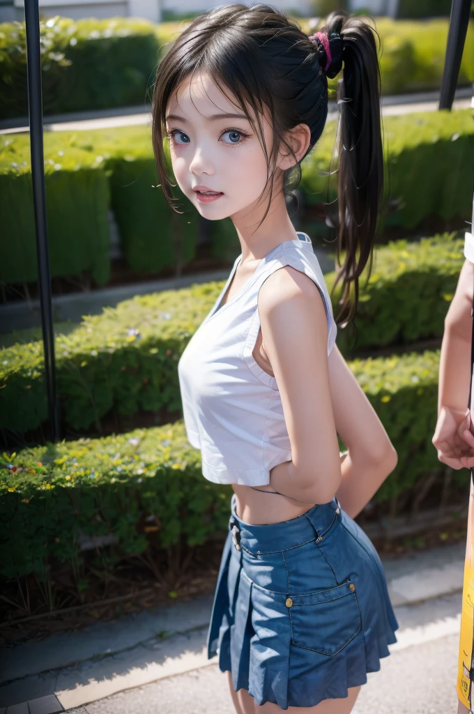 (((highest quality)), (1 girl),Go to the amusement park (perfect anatomy),embarrassed expression, pretty girl, (Untidy hair、ponytail), face to face,sleeveless shirt、pleated skirt、nipple protrusion