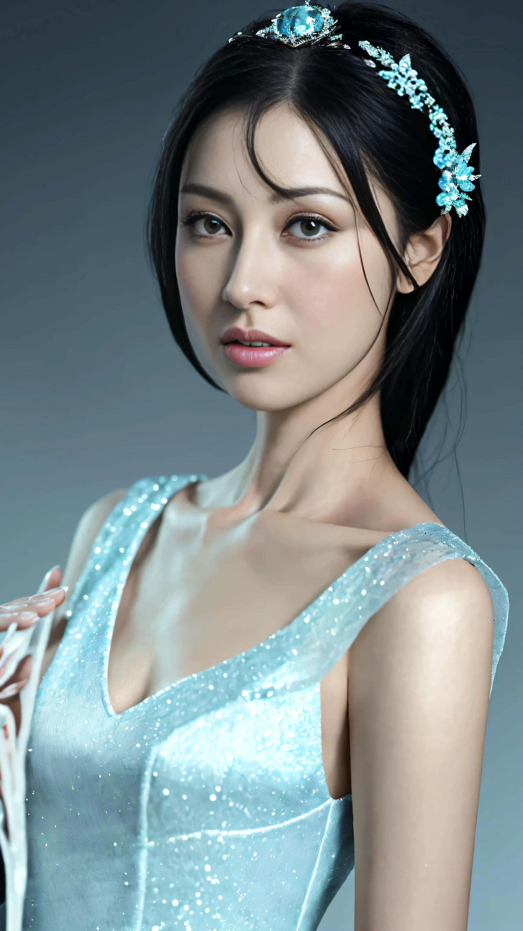 (masterpiece), actual, (portrait of a girl), pretty face, 阳Light, Light, Bangs, a beautiful woman, beautiful eyes, black hair, perfect anatomy, very cute, princess eyes , (black eyes) , (Frame the head), centered image, stylized, 生物发Light, 8 life size,8K resolution, White low-cut dress with blue details, human hand, Be curious, elegant, almost perfect, Dynamic, Very detailed, character table, concept art, Light滑的, presented directly to the audience,make their bodies symmetrical、balance, Very beautiful maiden, Detailed hairstyle,