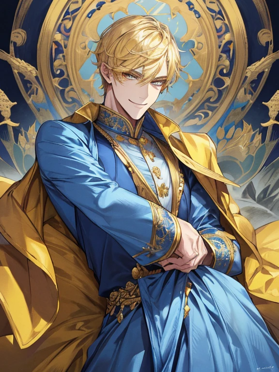 extremely detailed, 1 man, solo, perfect face, pretty face, highly detailed face，yellow short hair, yellow eyebrows、Handsome man with expressive eyes, smiling, yellow eyes、(((blue long gown)))、(muste piece), (best quality)、