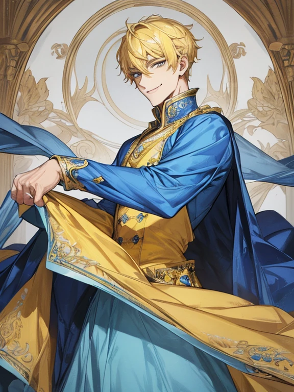 extremely detailed, 1 man, solo, perfect face, pretty face, highly detailed face,yellow short hair, yellow eyebrows、Handsome man with expressive eyes, smiling, yellow eyes、(((blue long gown)))、(muste piece), (best quality)、