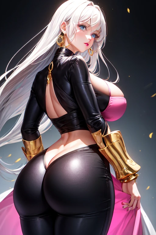thin white character captivating appearance, whose presence is marked by a unique combination of elegance and mystery, platinum hair, blue eyes, pink lips, large breasts, wide waist, wide hips and a big ass, wearing a black jumpsuit that covers the entire body with gold jewelry on the neck and rings