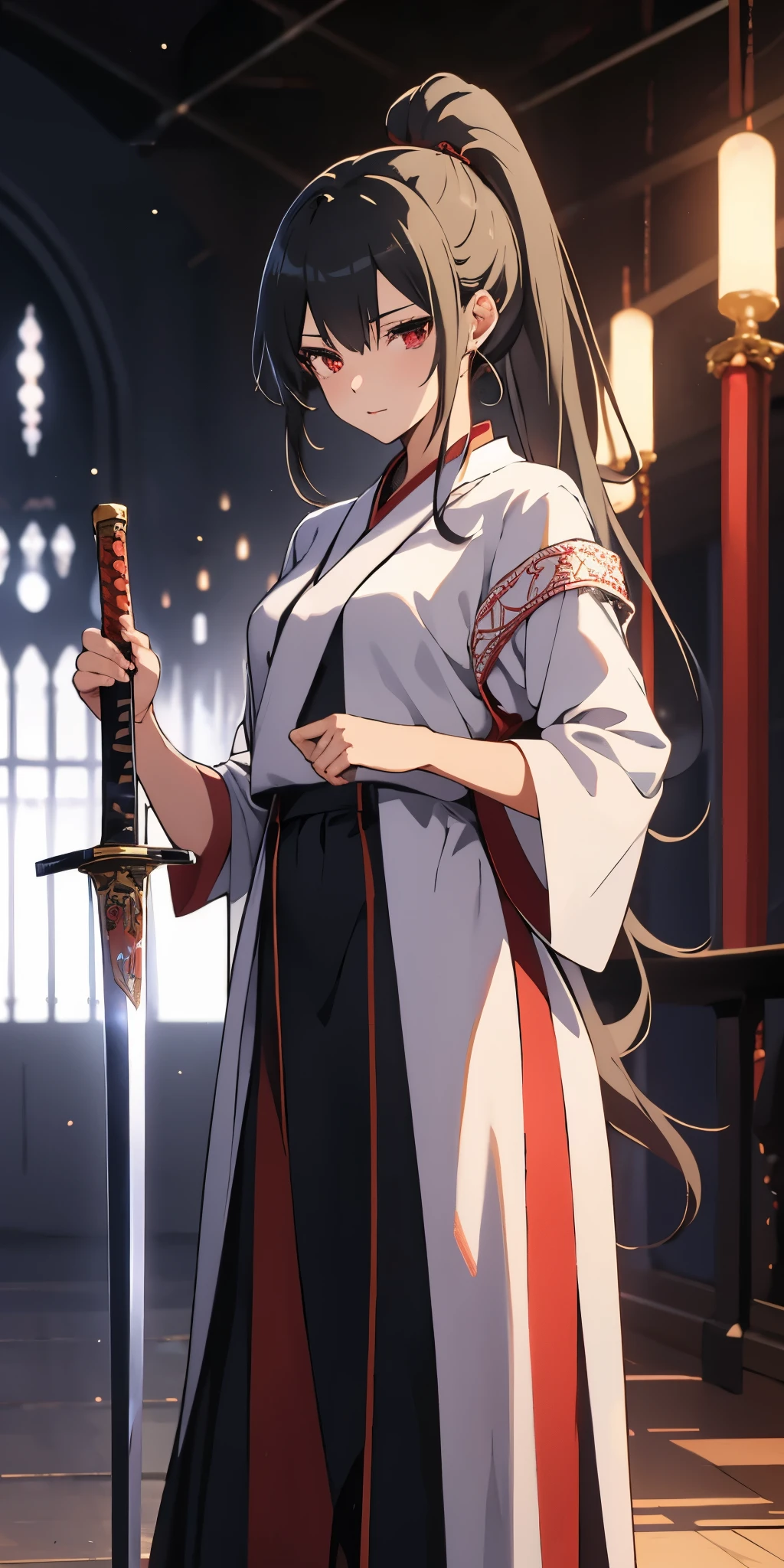 anime、highest quality、High resolution、Standing picture、android、beautiful girl、White priestess uniform、Shiny detailed black ponytail、holding a sword、Glowing red eyes、Dignified、elegant、nice、luxury、elegant、Sexy、Good looking