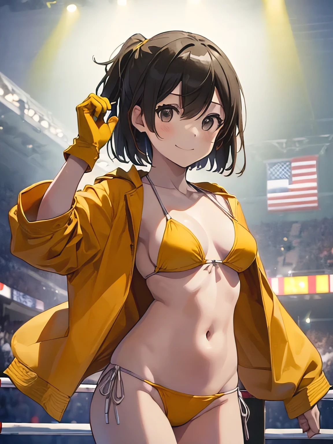 (pieces fly, highest quality:1.2), cowboy shot, alone, 1 girl, Hiryū, shy smile, looking at the viewer,Yellow Bikini、one side up, , Gloves without partial fingers、The background is professional wrestling、Audience seats、Are standing、facing forward