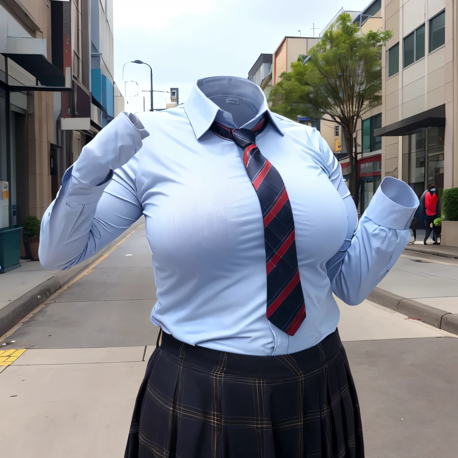 school uniform on hanger, plaid skirt, stripe tie, long sleeve, cute big breasts, (invisible, no human, headless, handless:1.5), chubby,cute pose