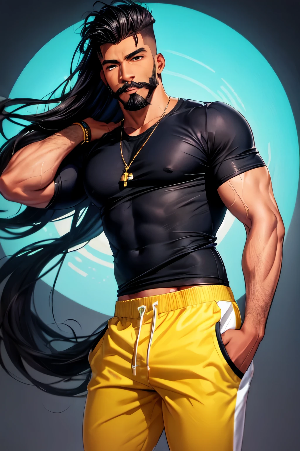 black man, long hair shaved on the sides and back, sweatpants and open colored shirt, has a dark goatee mustache